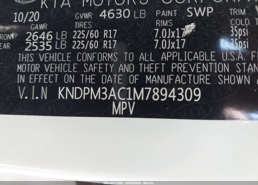 2021 KIA SPORTAGE LX VIN: KNDPM3AC1M7894309