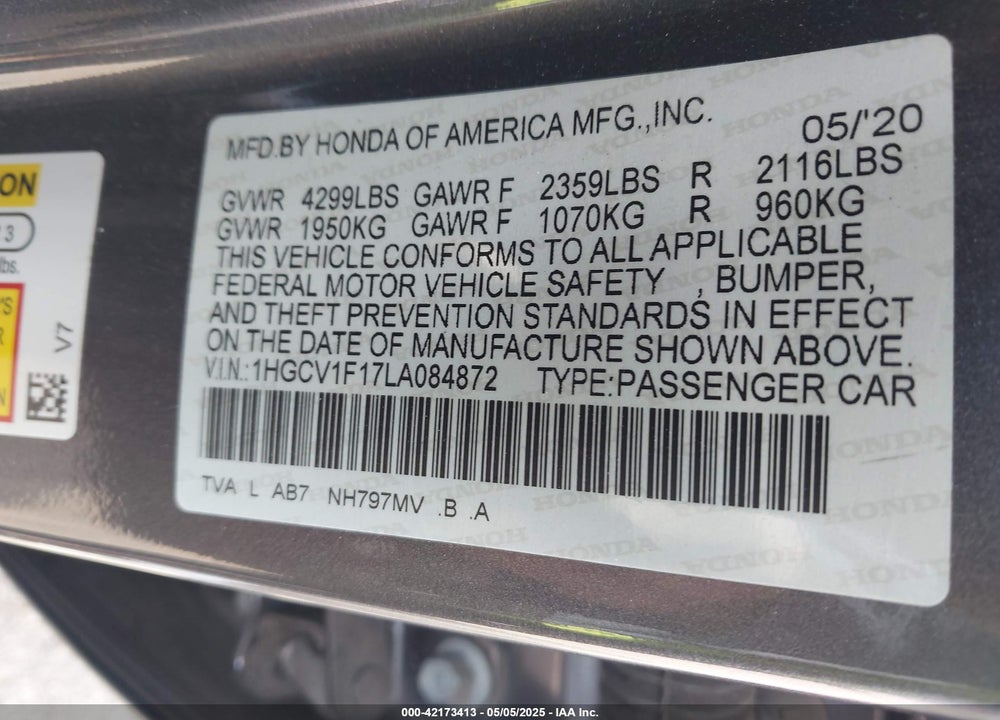 2020 HONDA ACCORD VIN: 1HGCV1F17LA084872