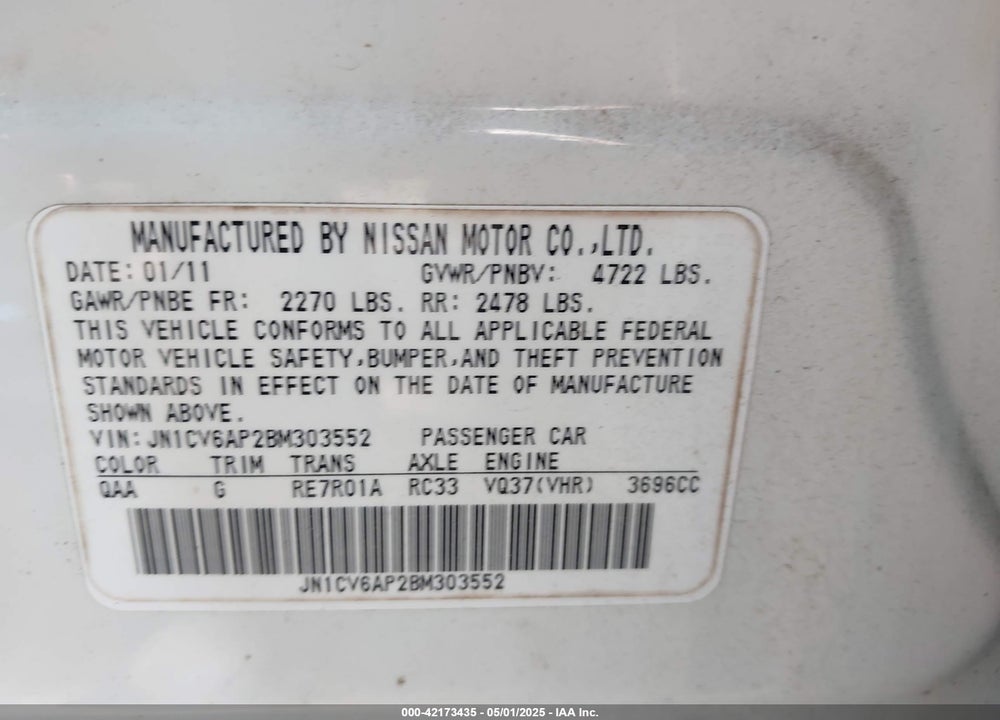 2011 INFINITI G37 VIN: JN1CV6AP2BM303552
