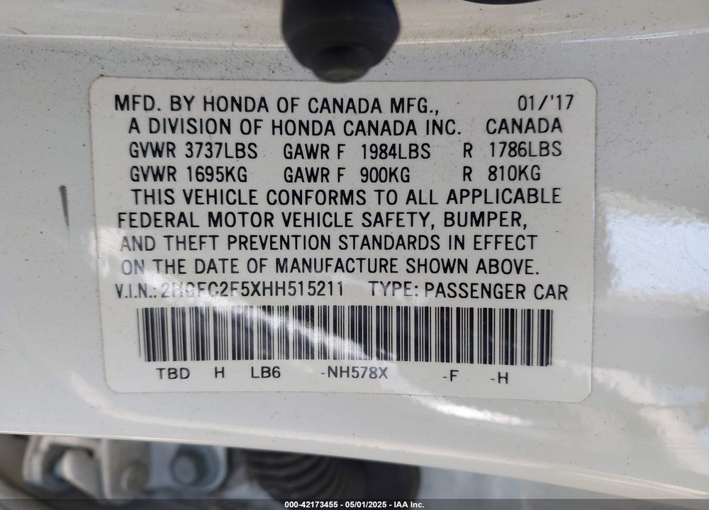 2017 HONDA CIVIC VIN: 2HGFC2F5XHH515211