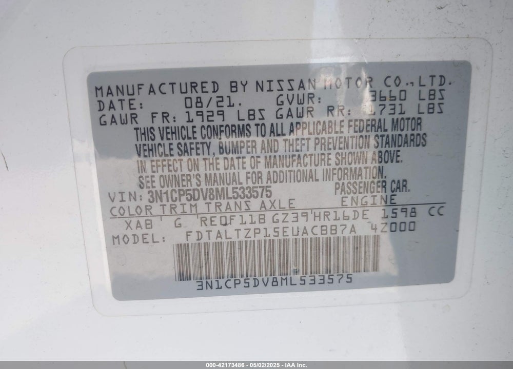 2021 NISSAN KICKS VIN: 3N1CP5DV8ML533575