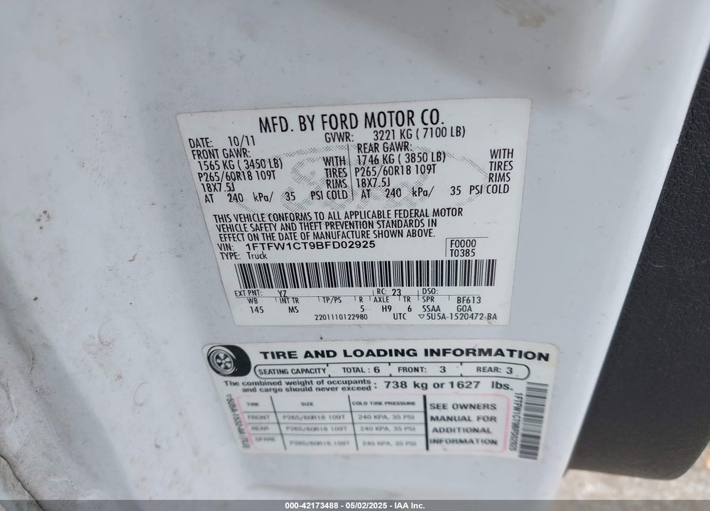 2011 FORD F-150 VIN: 1FTFW1CT9BFD02925
