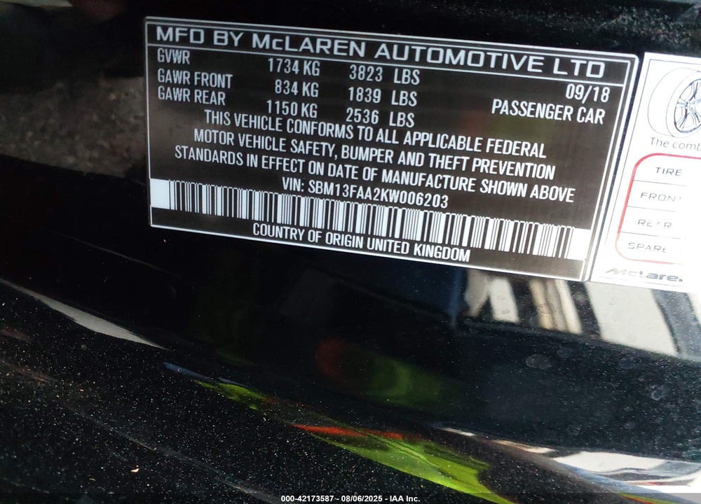 2019 MCLAREN 570S VIN: SBM13FAA2KW006203