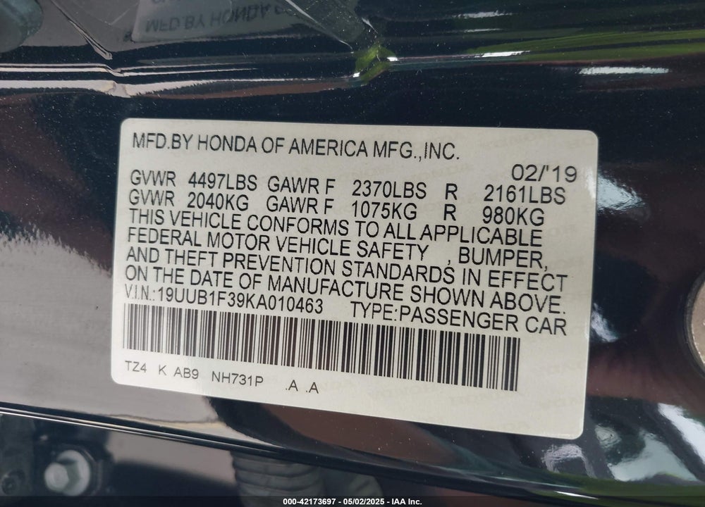 2019 ACURA TLX STANDARD VIN: 19UUB1F39KA010463