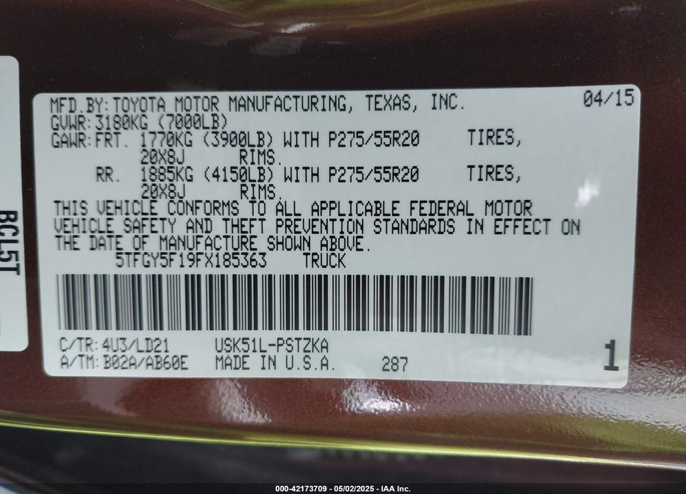 2015 TOYOTA TUNDRA 1794 5.7L V8 VIN: 5TFGY5F19FX185363