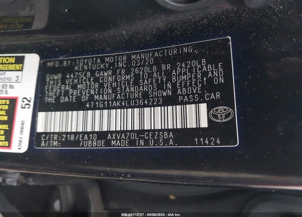 2020 TOYOTA CAMRY VIN: 4T1G11AK4LU364223