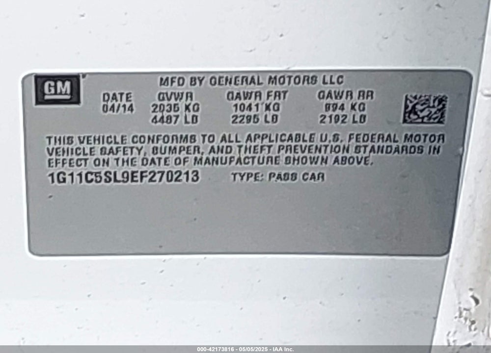 2014 CHEVROLET MALIBU VIN: 1G11C5SL9EF270213