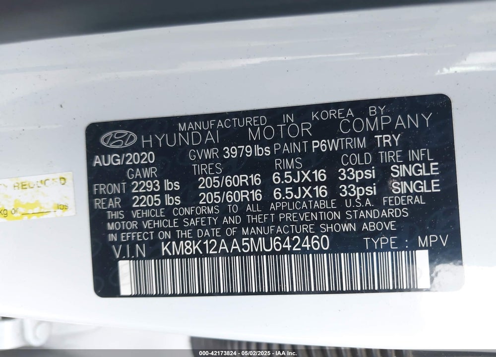 2021 HYUNDAI KONA VIN: KM8K12AA5MU642460