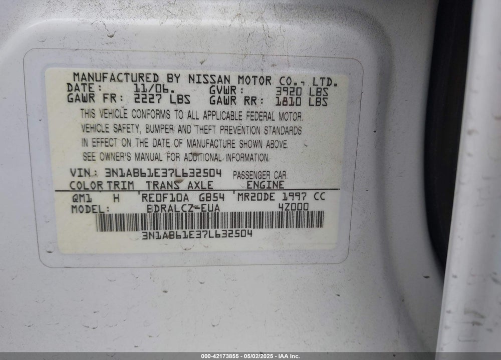 2007 NISSAN SENTRA VIN: 3N1AB61E37L632504
