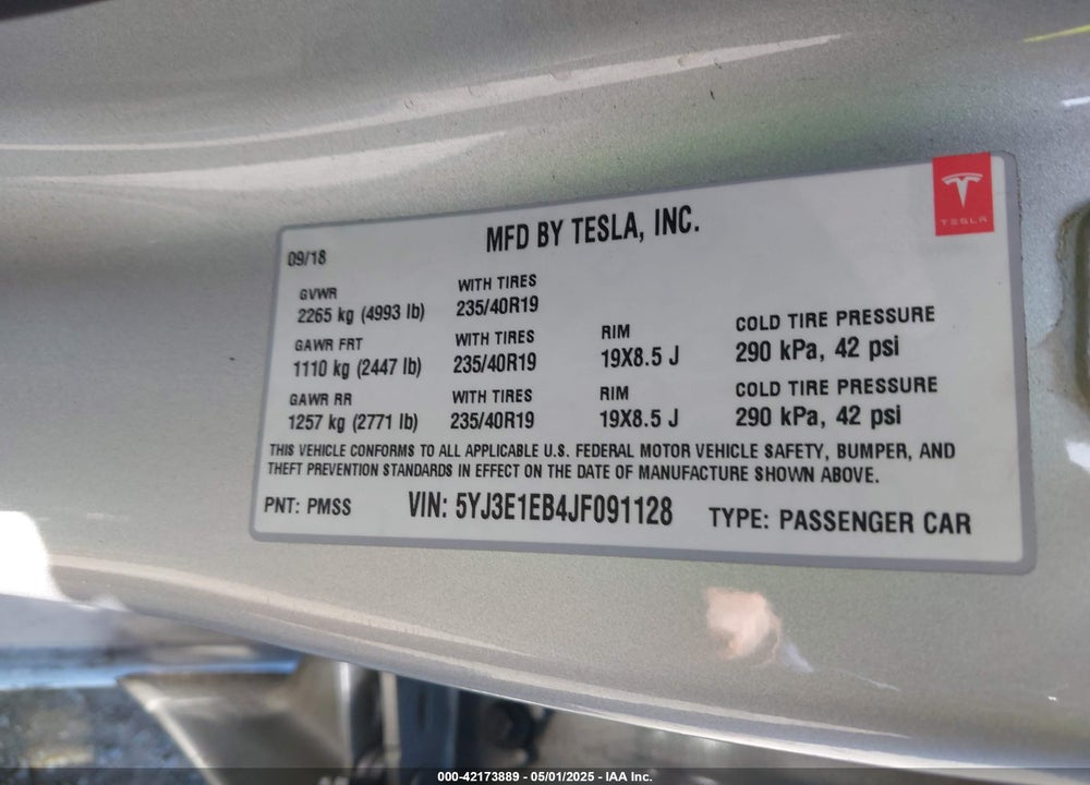 2018 TESLA MODEL 3 VIN: 5YJ3E1EB4JF091128