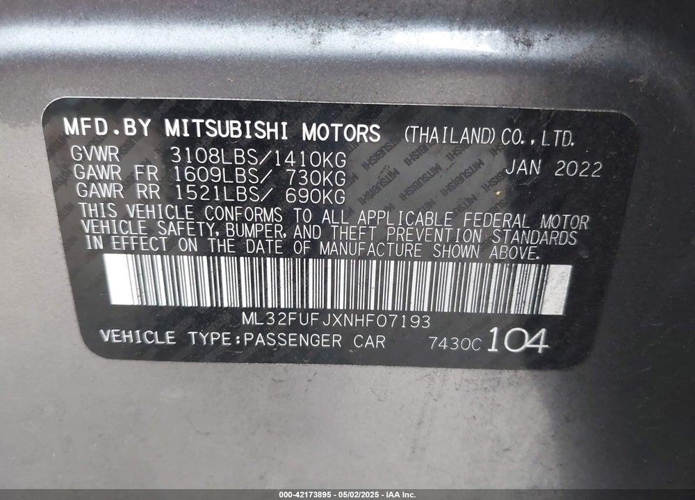 2022 MITSUBISHI MIRAGE G4 ES VIN: ML32FUFJXNHF07193