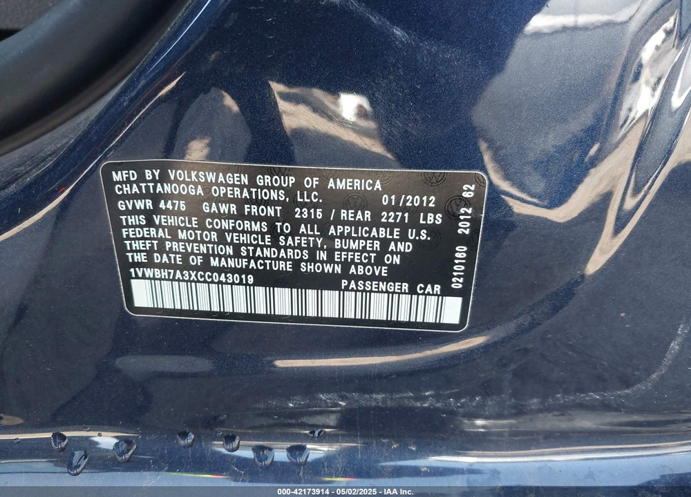 2012 VOLKSWAGEN PASSAT VIN: 1VWBH7A3XCC043019