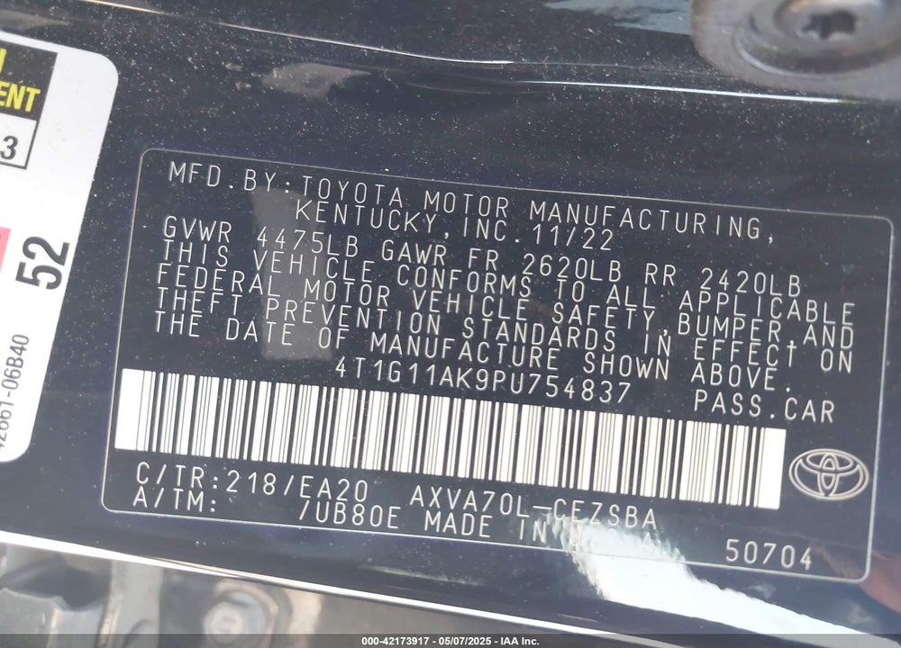 2023 TOYOTA CAMRY VIN: 4T1G11AK9PU754837