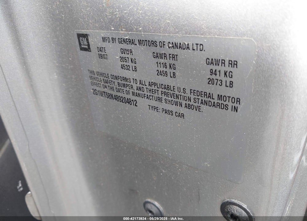 2008 CHEVROLET IMPALA VIN: 2G1WT58N489204812