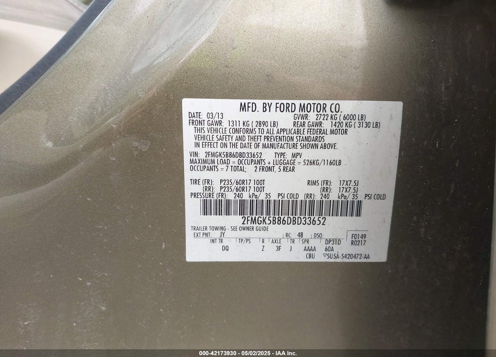 2013 FORD FLEX VIN: 2FMGK5B86DBD33652