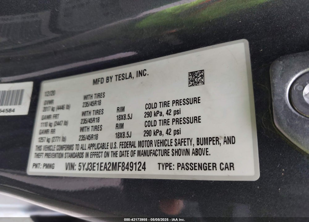 2021 TESLA MODEL 3 STANDARD RANGE PLUS REAR-WHEEL DRIVE VIN: 5YJ3E1EA2MF849124