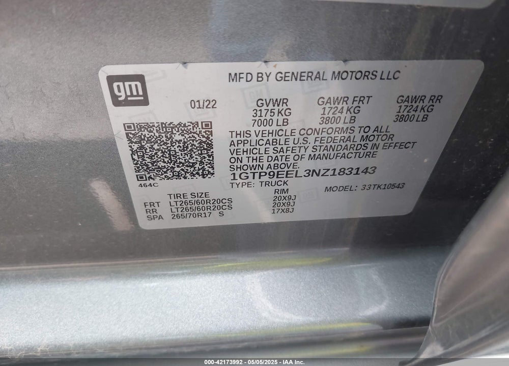 2022 GMC SIERRA 1500 LIMITED 4WD SHORT BOX AT4 VIN: 1GTP9EEL3NZ183143