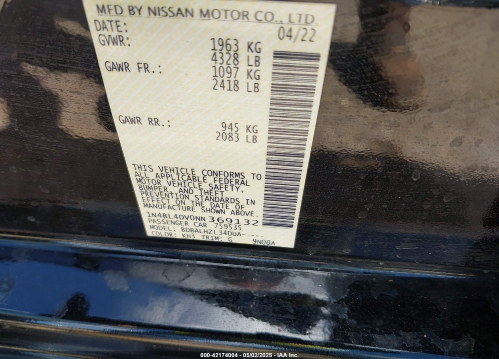 2022 NISSAN ALTIMA SV FWD VIN: 1N4BL4DV0NN369132
