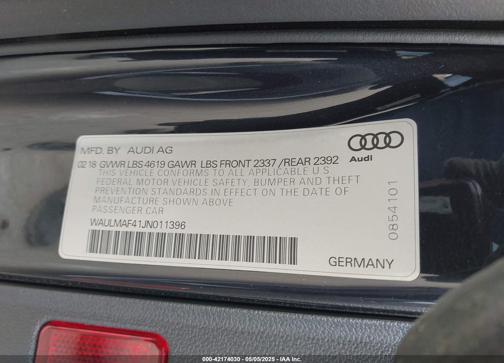 2018 AUDI A4 2.0T TECH ULTRA PREMIUM/2.0T ULTRA PREMIUM VIN: WAULMAF41JN011396