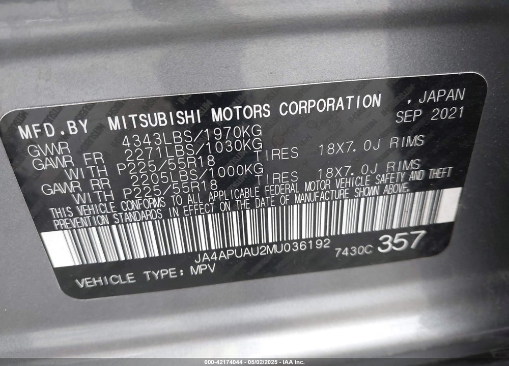 2021 MITSUBISHI OUTLANDER SPORT VIN: JA4APUAU2MU036192