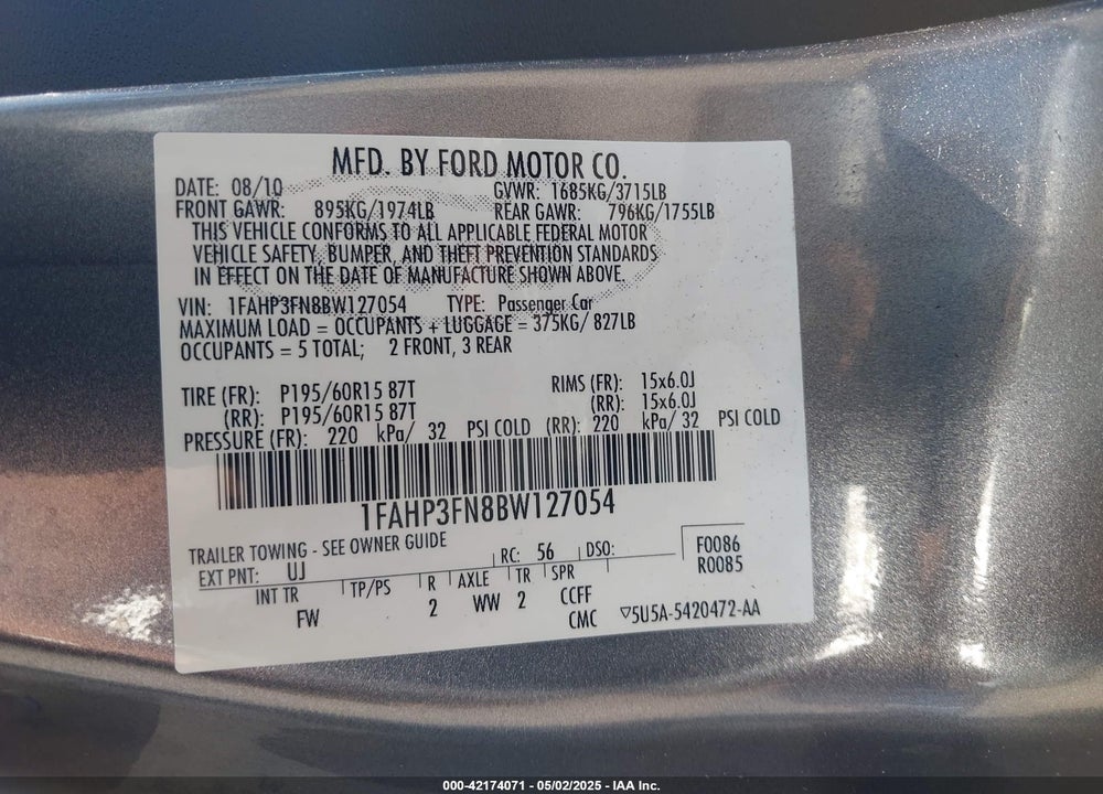 2011 FORD FOCUS VIN: 1FAHP3FN8BW127054