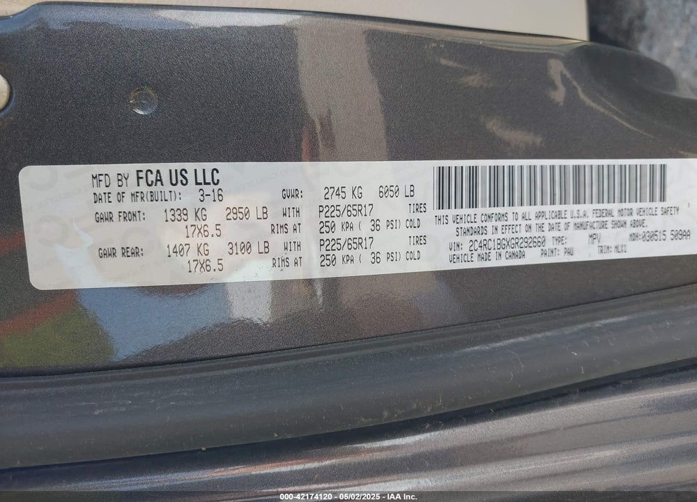 2016 CHRYSLER TOWN & COUNTRY TOURING VIN: 2C4RC1BGXGR292660