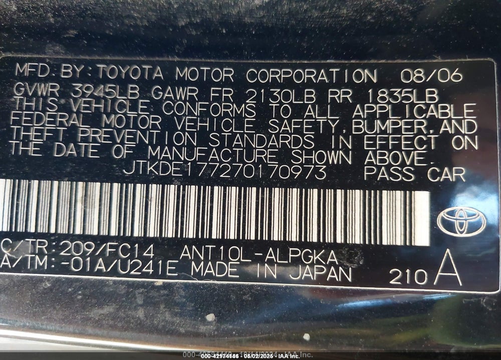 2007 SCION TC VIN: JTKDE177270170973