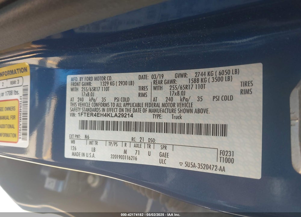2019 FORD RANGER VIN: 1FTER4EH4KLA29214