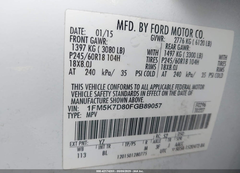 2015 FORD EXPLORER XLT VIN: 1FM5K7D80FGB89057