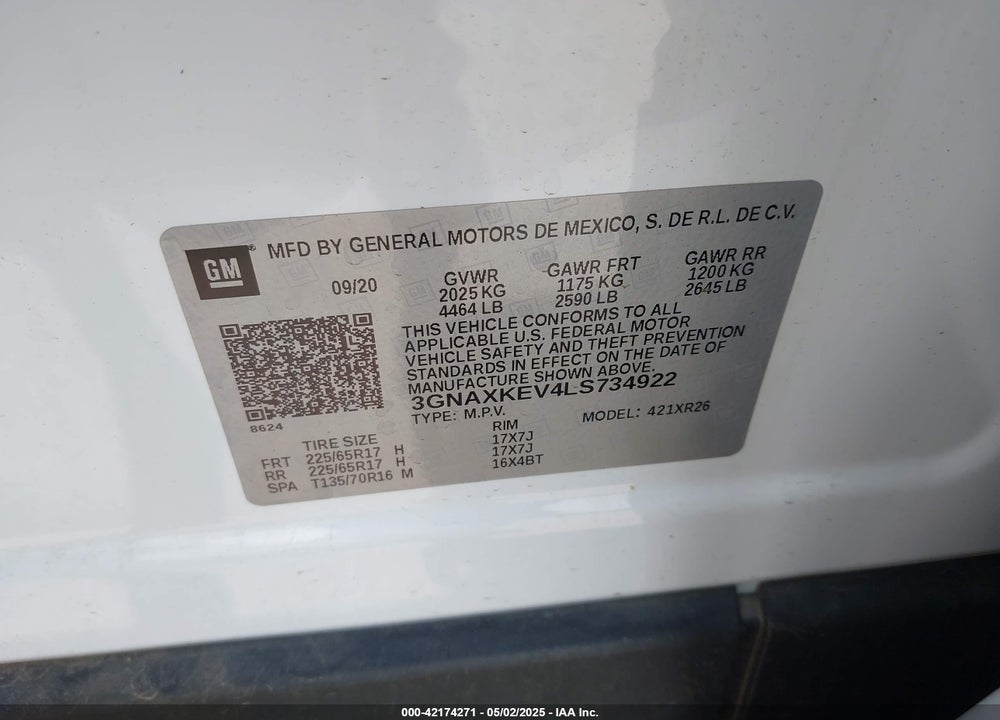 2020 CHEVROLET EQUINOX VIN: 3GNAXKEV4LS734922