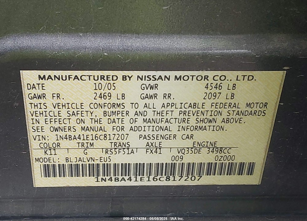 2006 NISSAN MAXIMA 3.5 SE VIN: 1N4BA41E16C817207