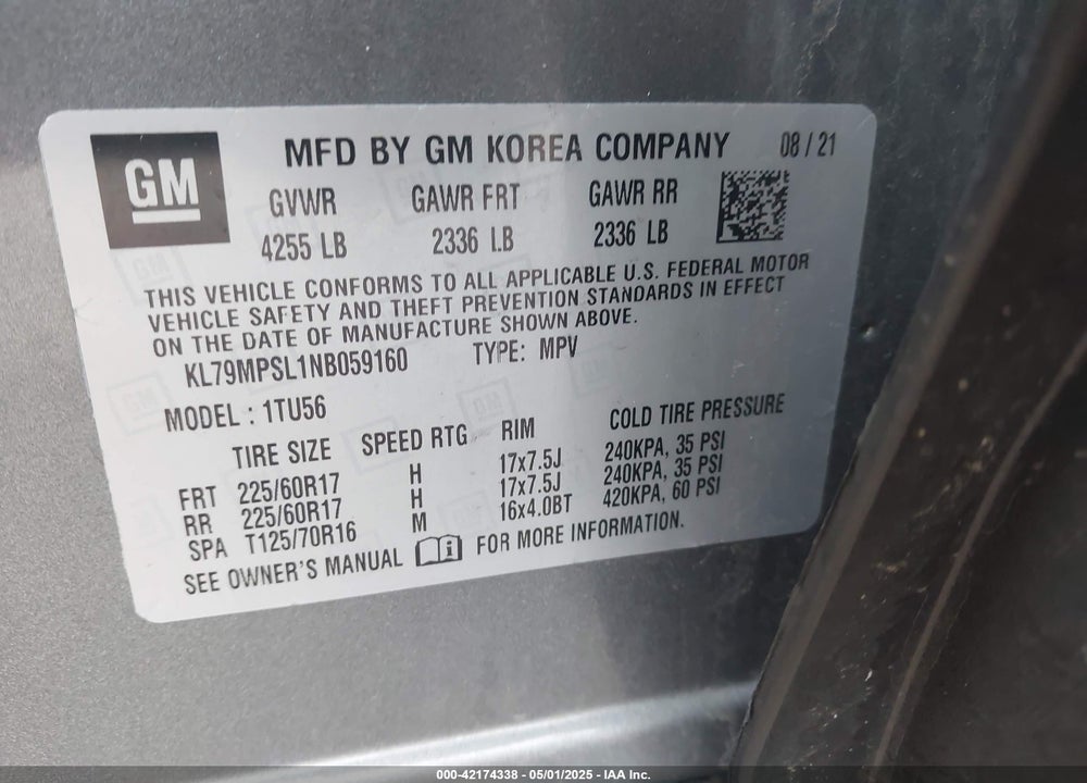 2022 CHEVROLET TRAILBLAZER VIN: KL79MPSL1NB059160