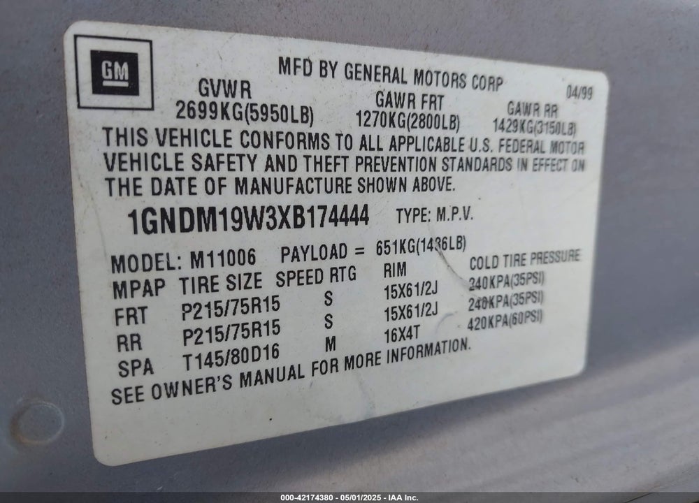 1999 CHEVROLET ASTRO VIN: 1GNDM19W3XB174444