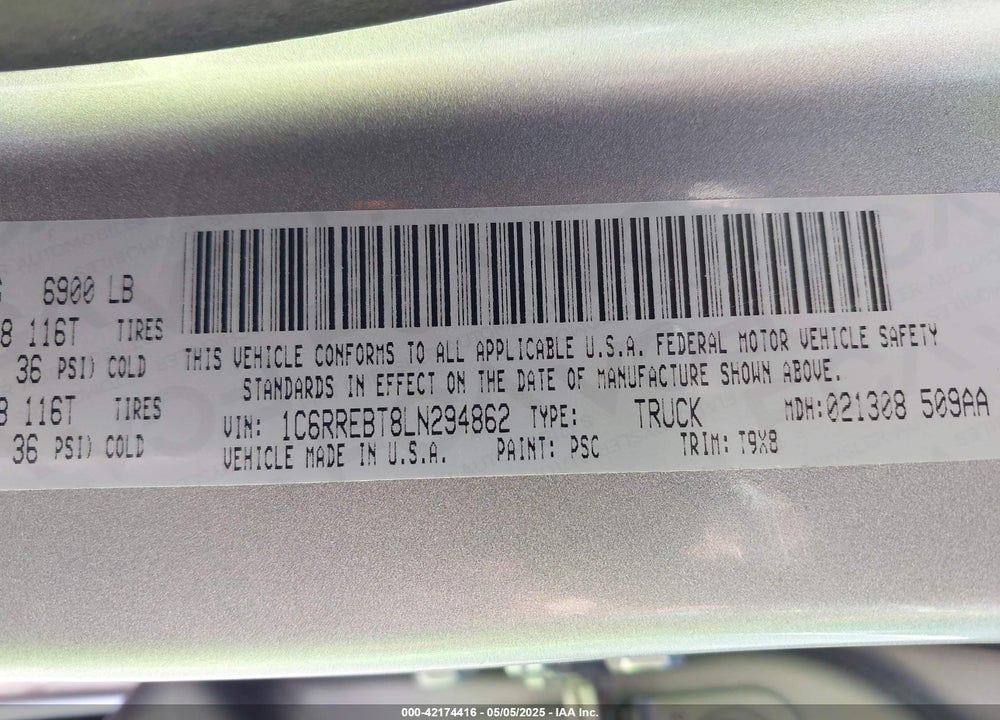 2020 RAM 1500 VIN: 1C6RREBT8LN294862