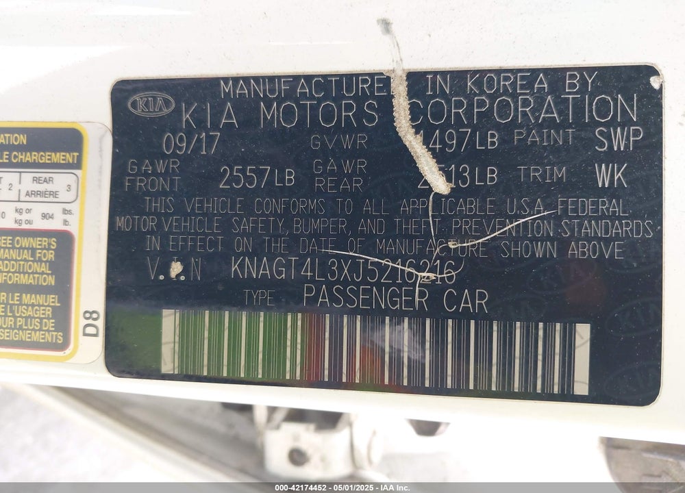 2018 KIA OPTIMA LX VIN: KNAGT4L3XJ5216216