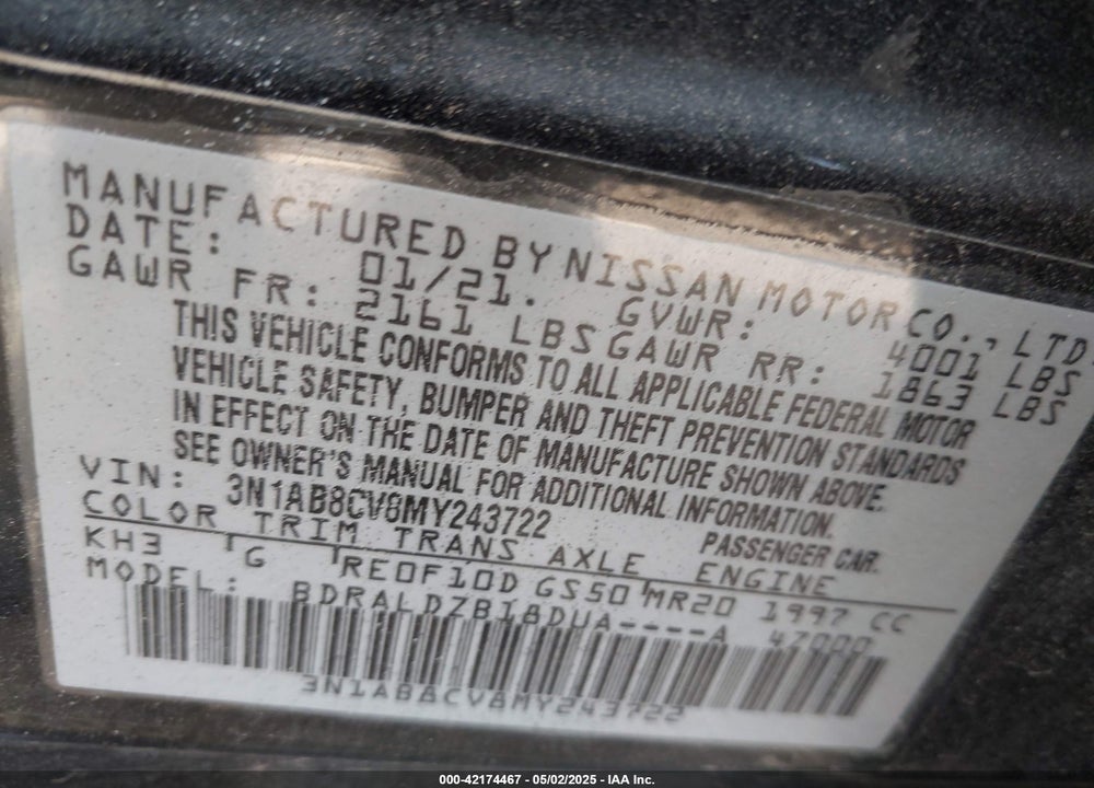 2021 NISSAN SENTRA VIN: 3N1AB8CV8MY243722