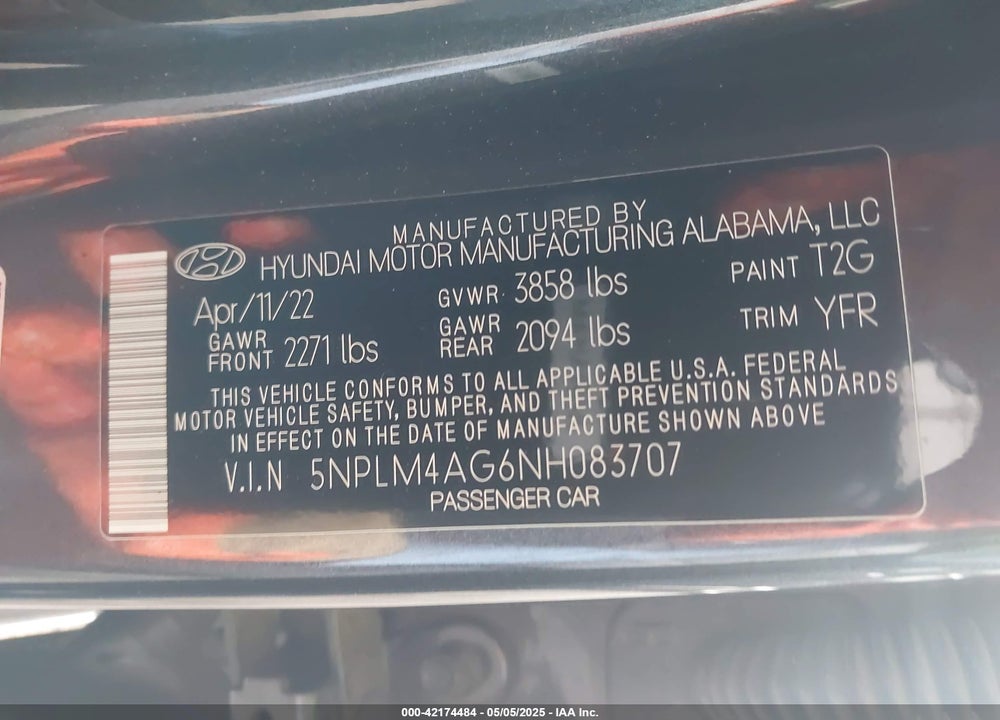 2022 HYUNDAI ELANTRA VIN: 5NPLM4AG6NH083707