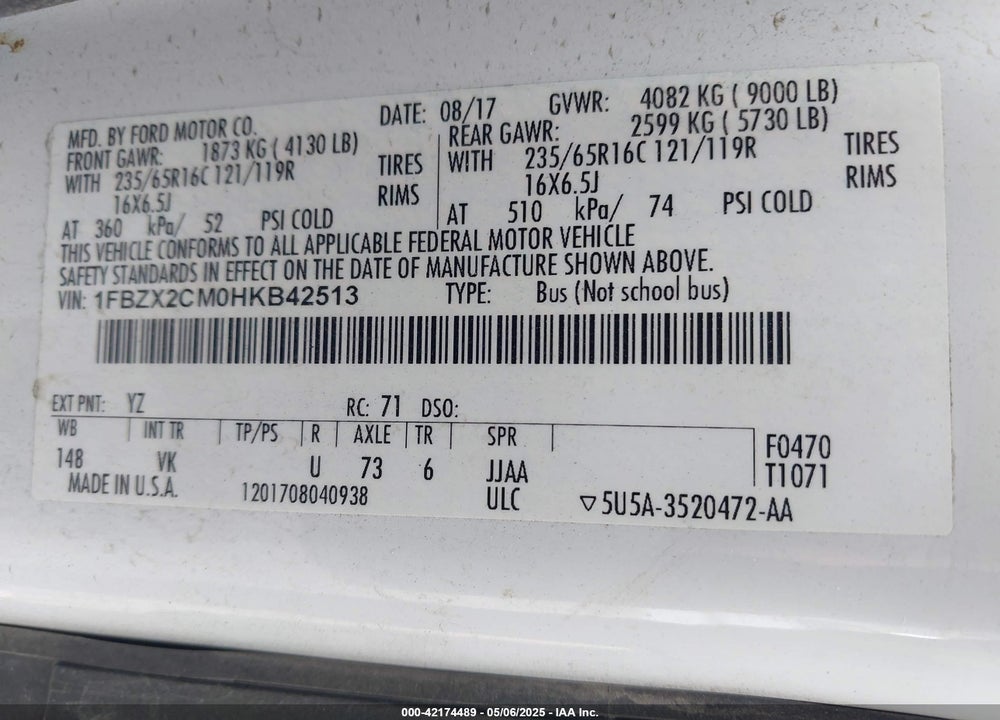 2017 FORD TRANSIT-350 XL VIN: 1FBZX2CM0HKB42513