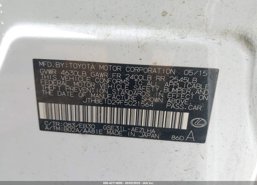 2015 LEXUS IS350 VIN: JTHBE1D29F5021564