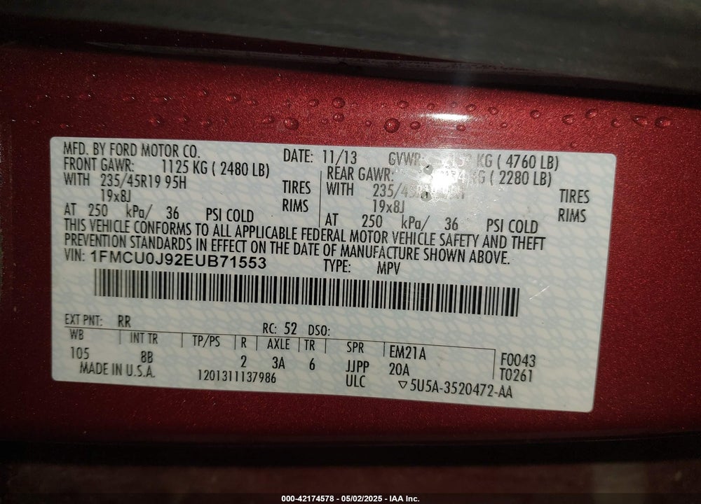 2014 FORD ESCAPE TITANIUM VIN: 1FMCU0J92EUB71553