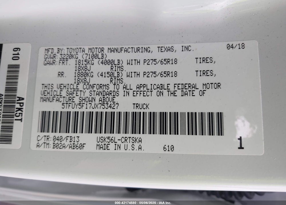 2018 TOYOTA TUNDRA SR5 5.7L V8 VIN: 5TFUY5F17JX753427