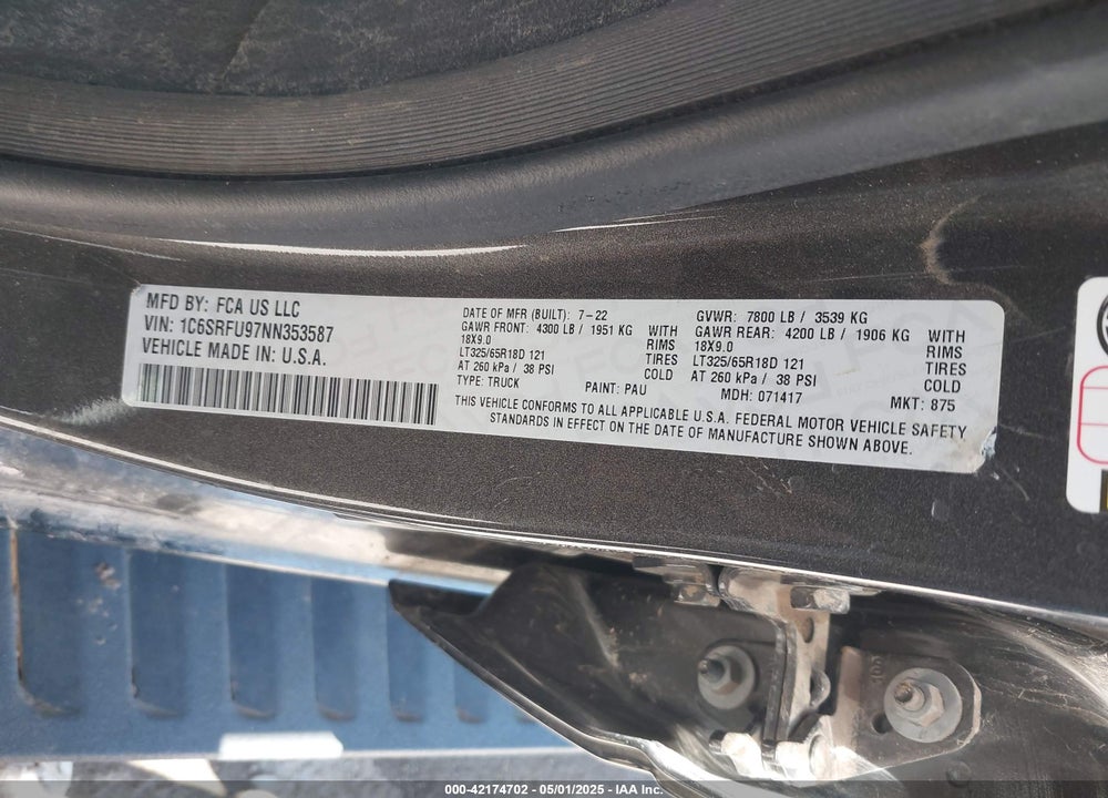 2022 RAM 1500 VIN: 1C6SRFU97NN353587