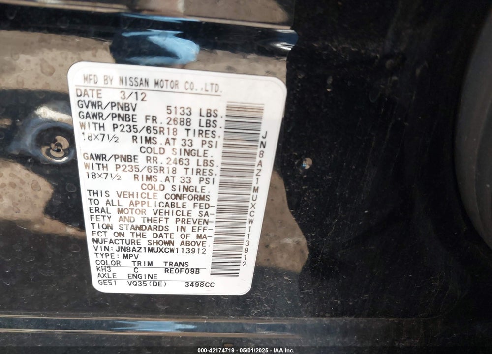 2012 NISSAN MURANO VIN: JN8AZ1MUXCW113912