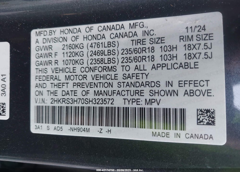2025 HONDA CR-V EX-L 2WD VIN: 2HKRS3H70SH323572