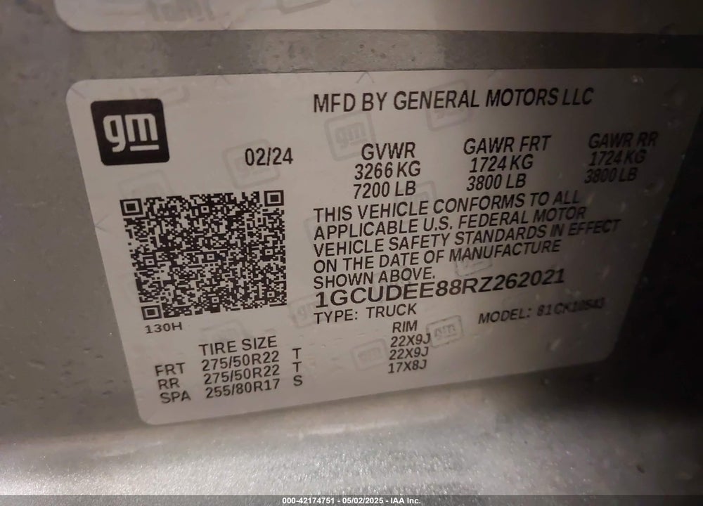 2024 CHEVROLET SILVERADO 1500 VIN: 1GCUDEE88RZ262021