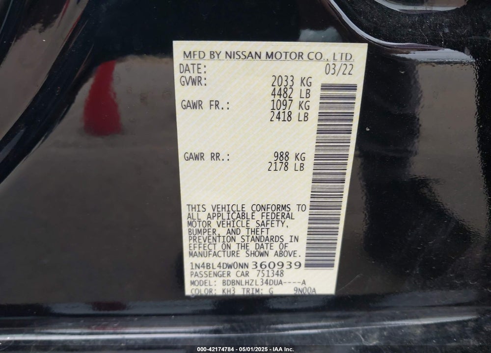 2022 NISSAN ALTIMA SV INTELLIGENT AWD VIN: 1N4BL4DW0NN360939