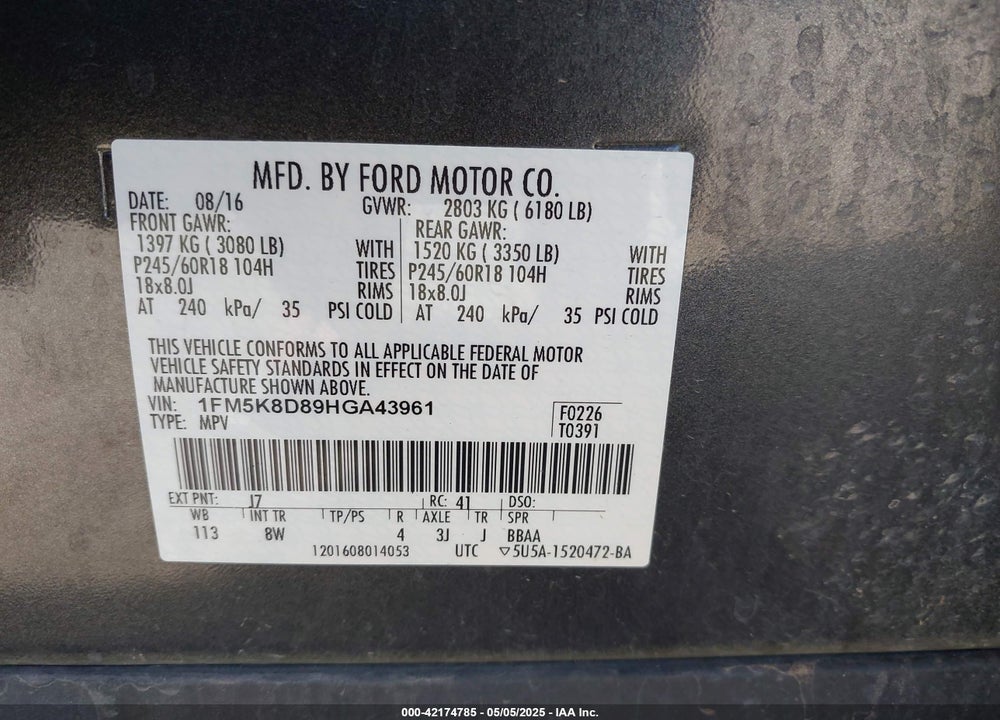 2017 FORD EXPLORER XLT VIN: 1FM5K8D89HGA43961
