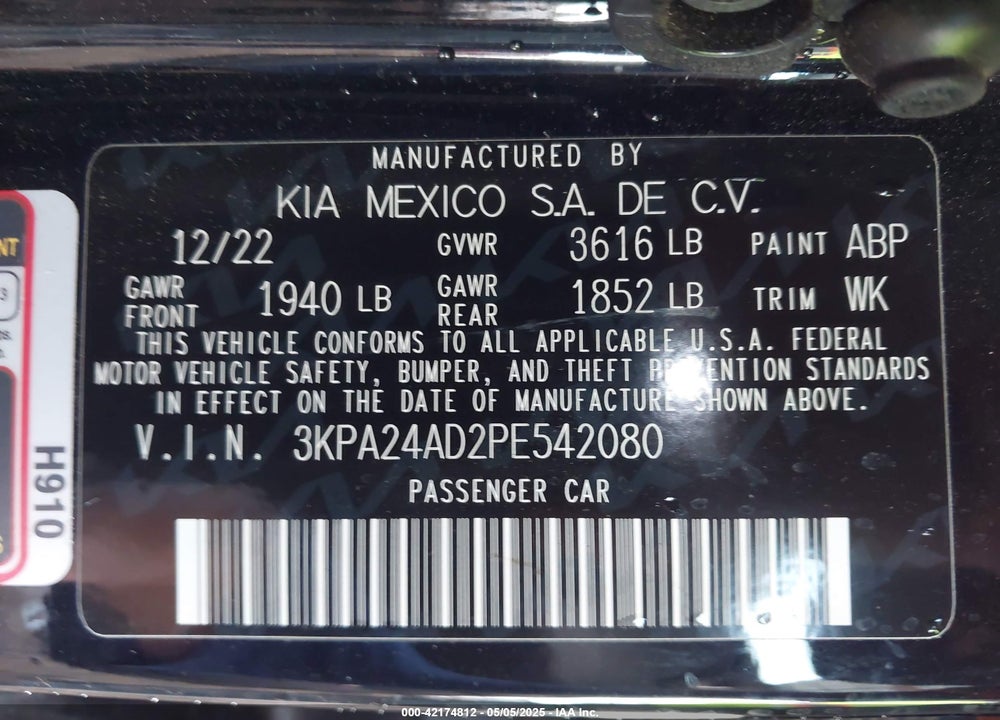 2023 KIA RIO VIN: 3KPA24AD2PE542080