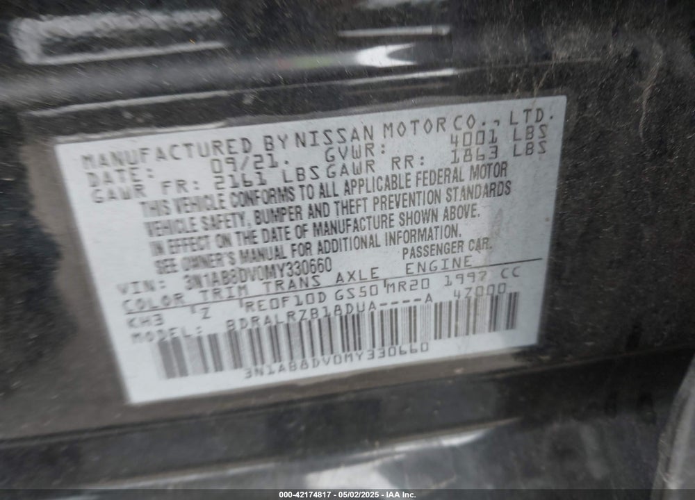 2021 NISSAN SENTRA VIN: 3N1AB8DV0MY330660