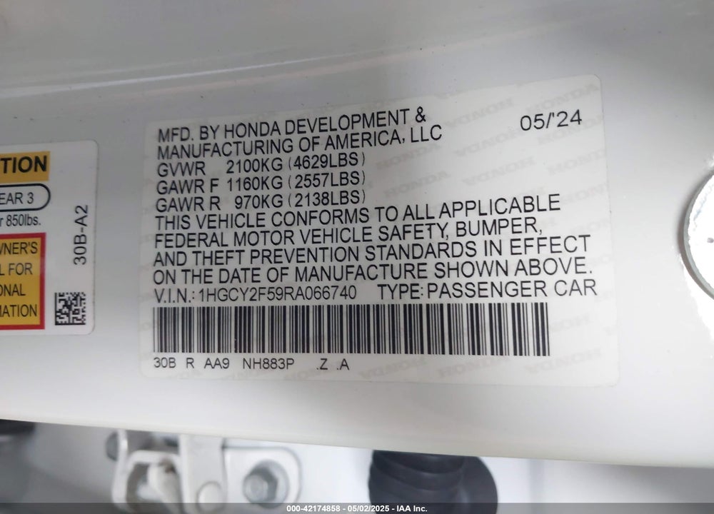 2024 HONDA ACCORD VIN: 1HGCY2F59RA066740